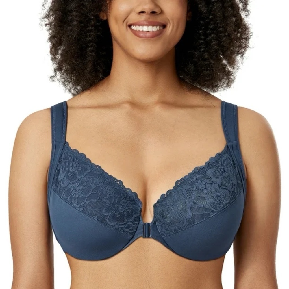 Delimira Blue Front Closure Lace Full Coverage Underwire Unlined Bra Size 36F